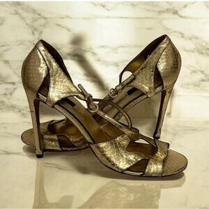 LOUIS VUITTON Gold Snake Print Leather Heels Size 41